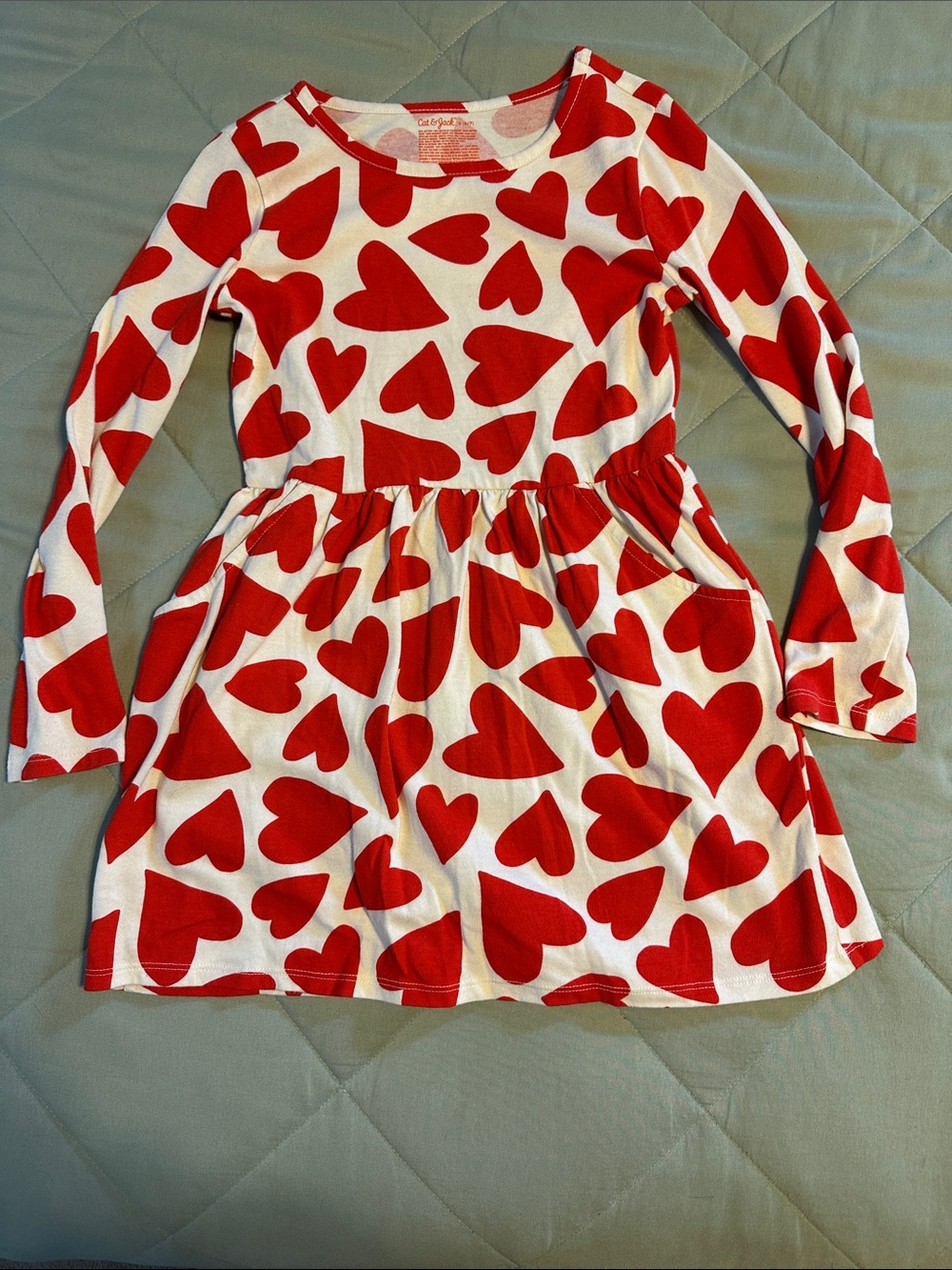 Cat & Jack Red Heart Print Long Sleeve Dress - White Base